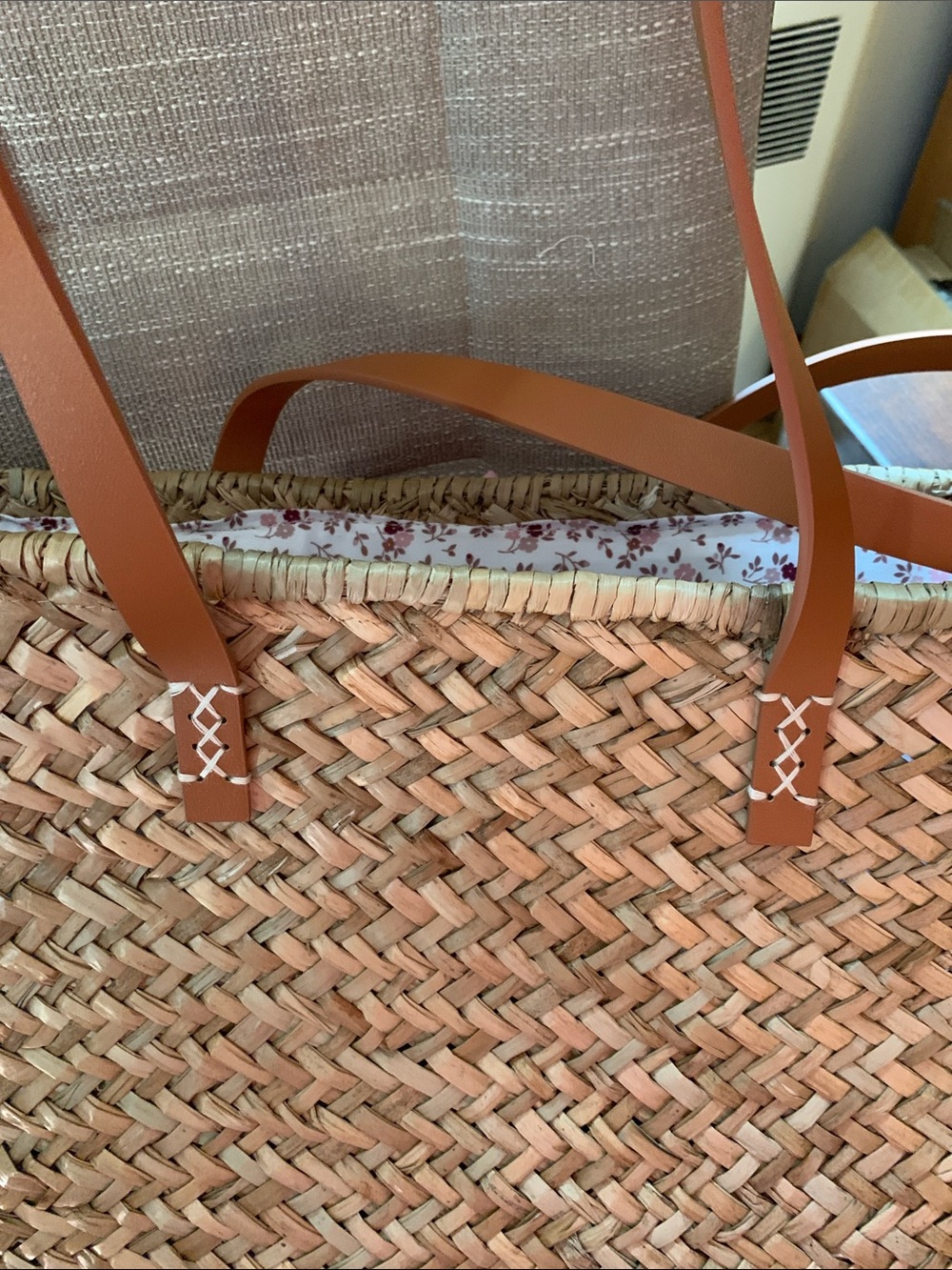 Poppy & Peonies Straw Tote with Pink, Cream & Tan Crochet Flowers - Picture 5 of 7
